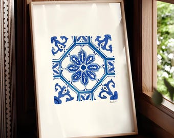 Lisbon Azulejos Watercolor Print, Portuguese Tile Wall Art, Blue Ceramic Pattern, Mediterranean Home Decor, Watercolour Tile Painting