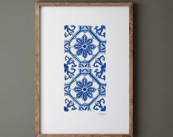 Lisbon Azulejos Watercolor Print, Portuguese Tile Wall Art, Blue Ceramic Pattern, Mediterranean Home Decor, Watercolour Tile Painting