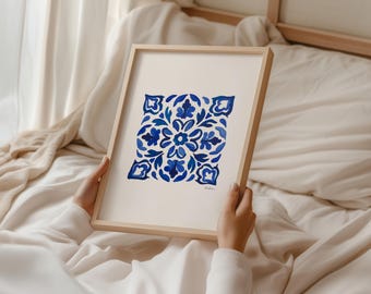 Lisbon Azulejos Watercolor Print, Portuguese Tile Wall Art, Blue Ceramic Pattern, Mediterranean Home Decor, Watercolour Tile Painting