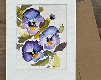 Blue Pansy Flowers. Original watercolor artwork greeting card