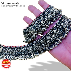 Vintage Silver Anklet Pair: Tribal Boho Fabric-Backed Foot Jewelry