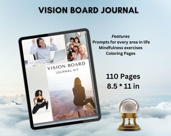 May include: A digital tablet displaying a vision board journal kit with a cover image of a woman celebrating success. The journal features prompts for every area of life, mindfulness exercises, and coloring pages. It is 110 pages and measures 8.5 by 11 inches.