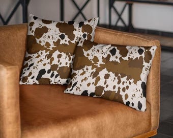 Faux Suede Cow Print Pillow Cover Farmhouse Style Western Decor Accent Cushion Brown Cowhide Pattern Rustic Touch Country Chic Bedroom