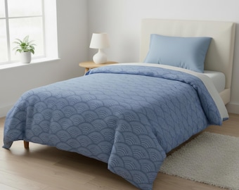 Blue Scallop Duvet Cover or Comforter Boho Chic Bedspread Navy Blue Light Blue Bed Design Bedroom Aesthetic Coastal Standard Duvet Comforter