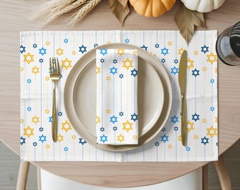 Hanukkah Table Setting Elegant Holiday Decoration Jewish Star David Placemat Napkin Cotton Dining Festive Accessory Blue Gold Traditional