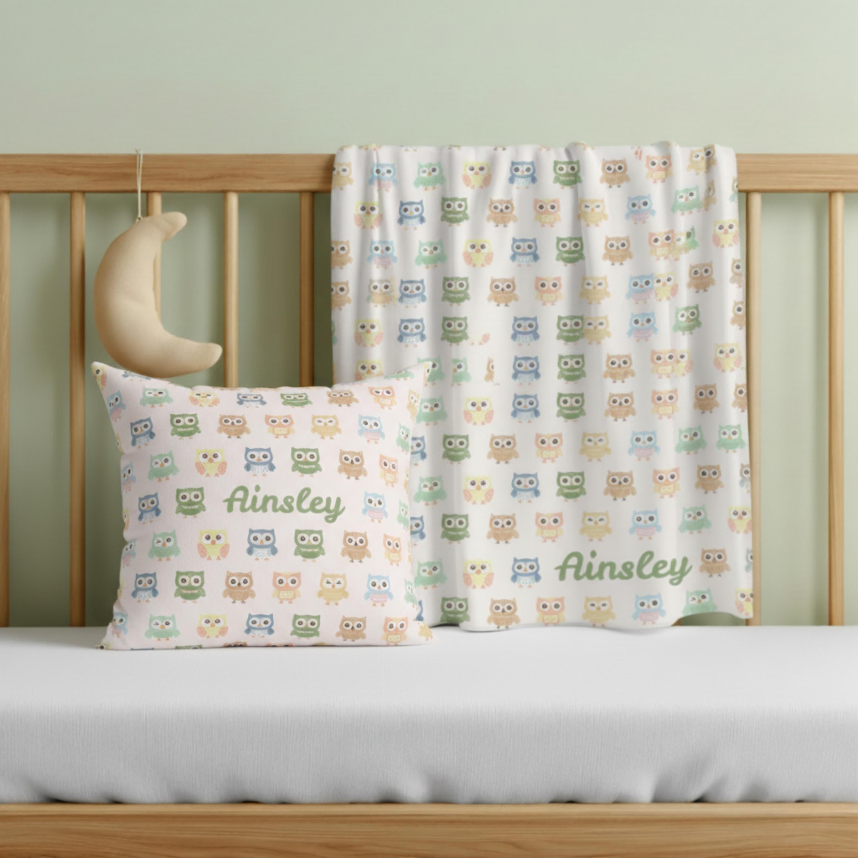 Personalized Owl Baby Blanket Set Custom Nursery Bedding Pillow Soft Infant Fleece Polyester Materia