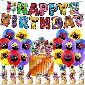 Nuove decorazioni per feste di compleanno con creature sorridenti, articoli per la tavola, palloncini per feste di baby shower, bandierine per cupcake