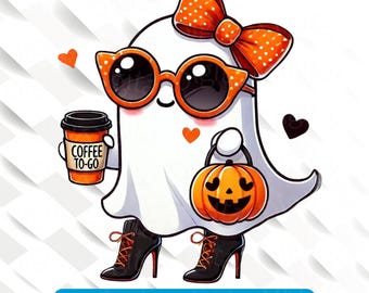 May include: A cartoon ghost wearing orange sunglasses and a polka-dot bow, holding a coffee cup and a jack-o'-lantern. The ghost is wearing black high-heeled boots. The image includes the text "COFFEE TO-GO" and "HIGH-QUALITY 300 DPI PNG".