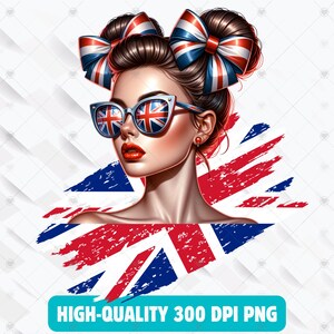 Könnte beinhalten: Eine digitale Illustration einer Frau mit einer Union Jack Flaggen-Optik auf ihrer Sonnenbrille und Haarbändern. Der Hintergrund ist eine abgenutzte Union Jack Flagge.