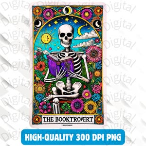 Die Booktrovert Tarot Karte PNG, Buchliebhaber Leser Schädel Tarot T-Shirt Becher PNG Datei, Digital Download, Lese Skelett Sublimation Design