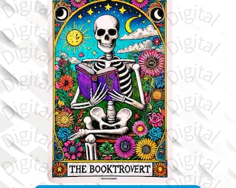 Booktrovert Tarot Card PNG: Reading Skeleton Design (Digital Download)