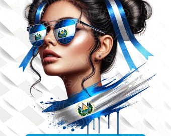May include: Digital illustration of a woman with dark hair, wearing sunglasses with the El Salvador flag design. Blue and white ribbons adorn her hair. The image features blue and white brushstrokes and the text "HIGH-QUALITY 300 DPI PNG".