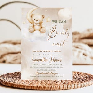 Editable Gender Neutral Bear Baby Shower Invitation,Teddy bear baby shower invitation template,We Can Bearly Wait Baby Shower Invite,Neutral