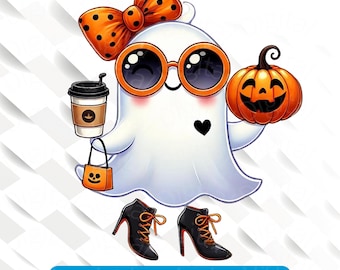 May include: A white ghost illustration wearing large orange-rimmed sunglasses and an orange polka-dot bow. The ghost holds a coffee cup and a jack-o'-lantern, carries a small orange pumpkin bag, and wears black high-heeled boots with orange laces.