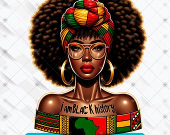 Könnte beinhalten: Eine digitale Illustration einer schwarzen Frau mit Afro-Frisur, die einen bunten Kopftuch, goldene Creolen und eine Brille trägt. Die Frau trägt ein Shirt mit einer Grafik des afrikanischen Kontinents und dem Text "i am BLACK history".