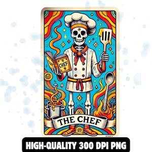 Tarot-Karte der Chef PNG, Skelettkoch Sublimationsdesign, Cooler Papa Schädel Kochen Gothic Chef Tarot T-Shirt Becher PNG-Datei, digitaler Download