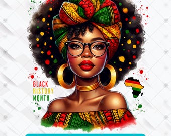 Puede incluir: Ilustración digital de una mujer negra con afro, que lleva un turbante colorido, gafas y joyas de oro. El fondo es blanco con salpicaduras de pintura roja, amarilla y verde. El texto "Black History Month" está en la esquina inferior izquierda. Un contorno del continente africano en rojo, amarillo y verde está en la esquina superior derecha.