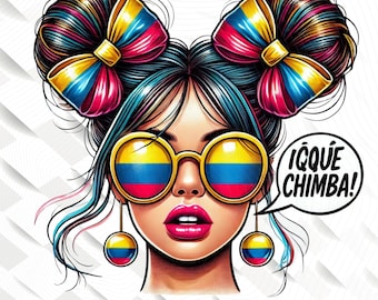 May include: A colorful illustration of a woman with blue hair wearing sunglasses with the Colombian flag on them. She has two yellow, blue, and red bows in her hair. The text "¡Qué Chimba!" is in a speech bubble.