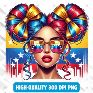 Puede incluir: Una ilustración digital de una mujer con cabello azul y rojo peinado en dos moños con lazos amarillos. Lleva gafas de sol con la bandera de Venezuela reflejada en las lentes. El fondo es una representación estilizada de la bandera de Venezuela.