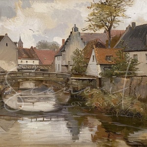 Printable Wall Art Retro Rustic Home Decor Vintage European Village Water Bridge Cottage Farmhouse Download Scene It On Canvas