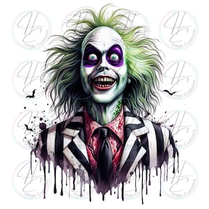 May include: A digital illustration of a character from the movie Beetlejuice. The character is a green-skinned man with black and white striped clothing. He has a wide smile and his eyes are wide open. The background is black and white with dripping paint.