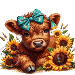 Op de afbeelding: Een bruin en wit Highland-kalf met een blauwe strik op zijn kop, omringd door gele zonnebloemen.