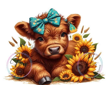 Cute Highland in Sunflowers PNG, fall, cow gift for her, digital download, print sublimation or DTF, highland cow