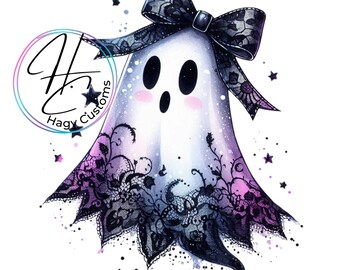 Cute Ghost with Black Lace Bow, Halloween PNG (Digital Download)