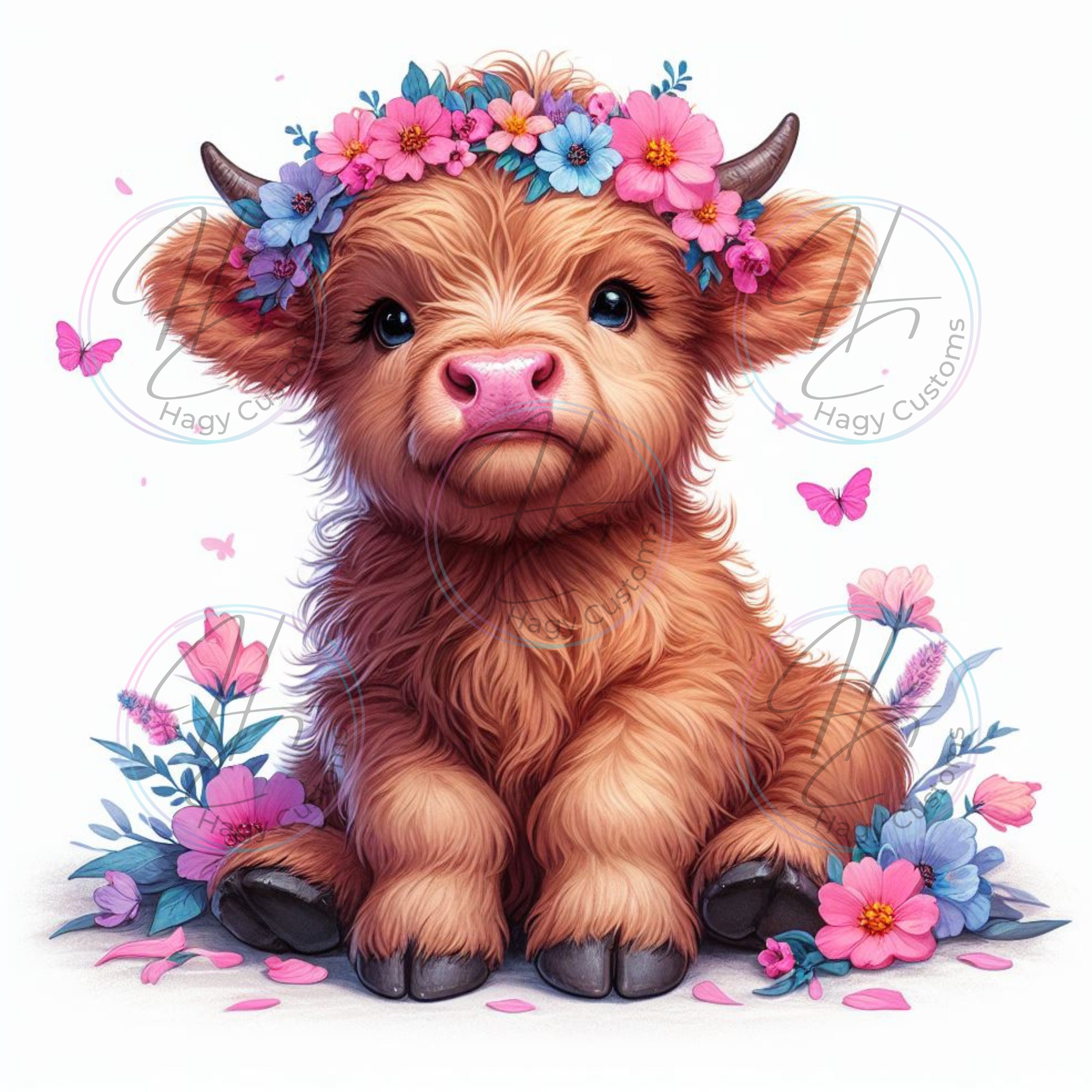 Baby Highland, PNG, flowers, digital download, gift for her, highand cow, country gift for her, sublimation