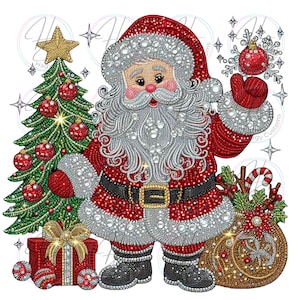 May include: A beaded Christmas image of Santa Claus holding a sack of presents, standing next to a decorated Christmas tree. Santa is wearing a red suit with white trim and a white beard. He is holding a red bauble in his right hand. The tree is decorated with red and gold baubles.