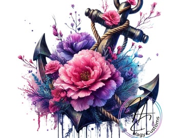 5 png images Watercolor drip floral anchor, summer png, gifts for her, sublimation, digital download, summer sale, anchor, beach