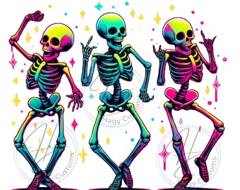 Esqueletos de neón bailando PNG: Halloween para sublimación o DTF (descarga digital)