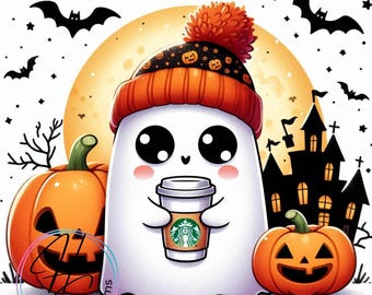 Cute Halloween Ghost, Iced Coffee, Pumpkin Spice, PNG perfect for Sublimation, Gift for her, Halloween, Digital Download only