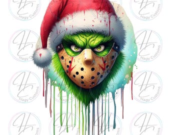 May include: A green Grinch wearing a Santa hat and a hockey mask with red and white splatters of paint dripping down. The background is a watercolor wash of blue, green, and white.