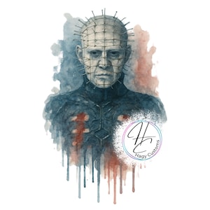 May include: Watercolor illustration of a character with nails in the head and a dark outfit. The image has a watercolor effect with blue and red hues. The text "Hagy Customs" is in a circle.