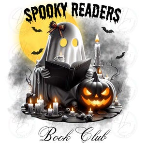 May include: A white ghost with a black bow reading a book in front of a yellow moon and a jack-o'-lantern. There are candles and skulls around the ghost. The text "Spooky Readers Book Club" is at the bottom of the image.