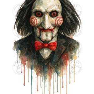 May include: Watercolor illustration of a puppet-like figure with pale skin, red spiral cheeks, and red eyes. The figure wears a black suit, a red bow tie, and has black hair. Watercolor paint drips down from the figure's suit.