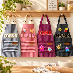Personalized Kids Apron, Custom Name Baking Apron with Chenille Letter Patches, Striped Cooking Smock, Matching Adult Sizes