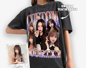 May include: A dark gray t-shirt featuring a custom design with a group of women and the word "CUSTOM" in a stylized font. The shirt also includes the text "YOURTXT" and "CUSTOM TEXT & PHOTO". A smaller photo is also included.