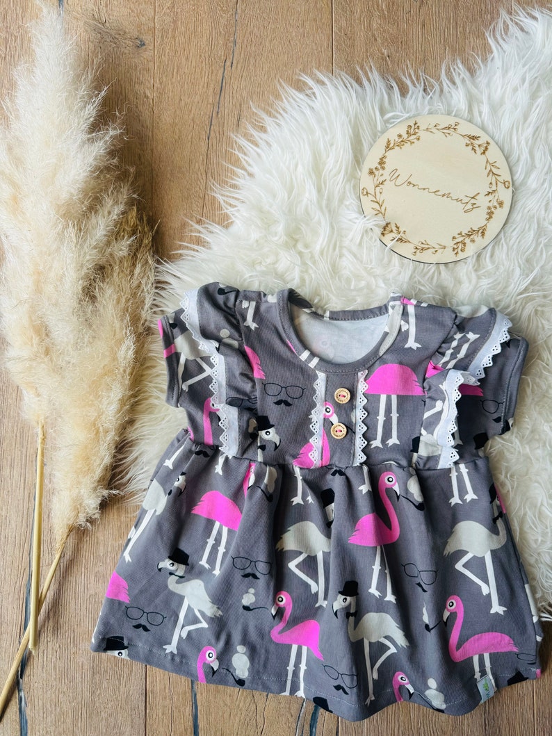Jersey Mädchen Tunika Kleid Flamingo mit Spitze Bild 3