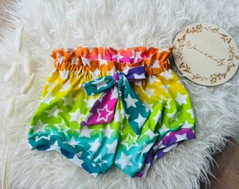 Einzelstück Mädchen Sommer Paperbag Shorts 104 Regenbogen bunt kurze Hose Schleife Sterne