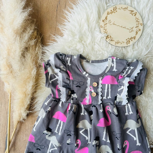 Jersey Mädchen Tunika Kleid Flamingo mit Spitze