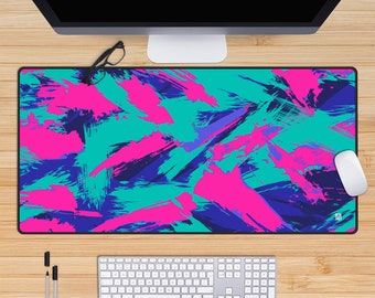 Neon Pink Desk Mat, Cute Deskmat Aesthetic, Retro Pastel Blue, Cyberpunk Mouse Pad, Large Gaming Mat, Kawaii Keyboard, Vaporwave, Synthwave