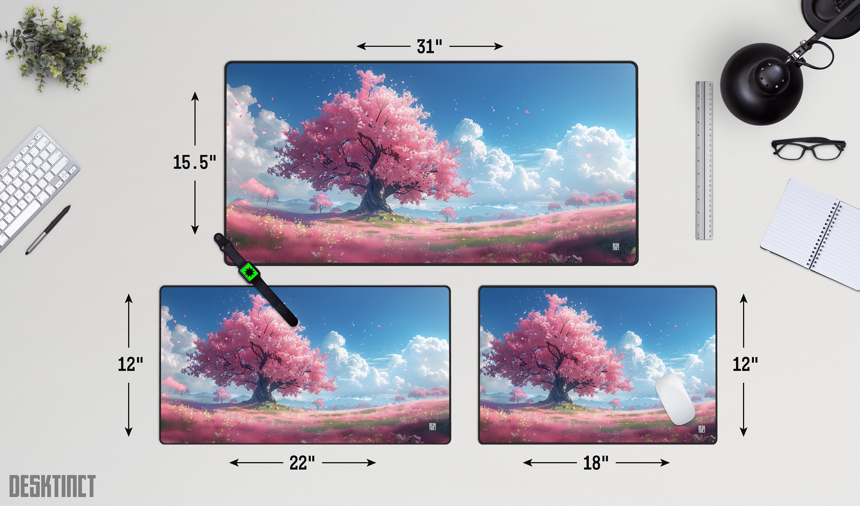 Japanese Cherry Blossom Tree Desk Mat, Green Deskmat, Kawaii Deskmat