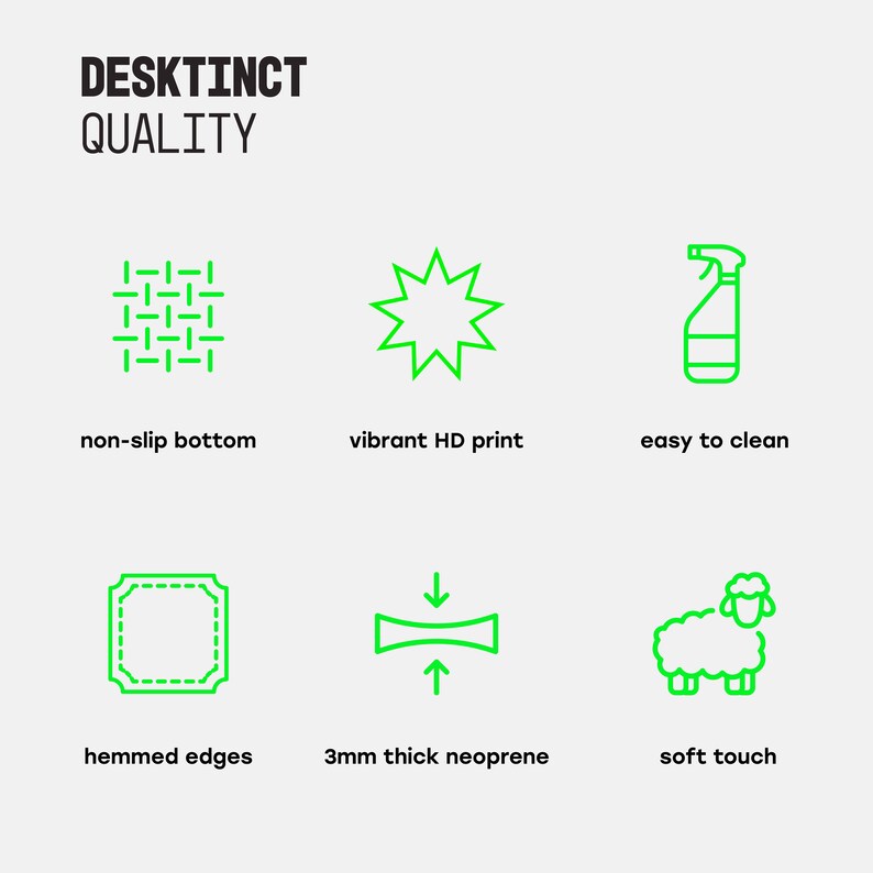 May include: Green line icons illustrate the features of a desk mat. The icons show a non-slip bottom, vibrant HD print, easy to clean, hemmed edges, 3mm thick neoprene, and soft touch.