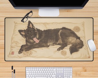 German Shepherd Japanese Illustration Desk Mat, XL Mousepad, Kawaii Deskmat, GSD Lovers, Anime Mouse Pad, TCG Playmat, Cute Pc Accessories