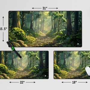 May include: Three different sizes of mousepads featuring a digital illustration of a path through a green forest. The largest mousepad is 31 inches wide and 15.5 inches tall. The medium mousepad is 22 inches wide and 12 inches tall. The smallest mousepad is 18 inches wide and 12 inches tall.