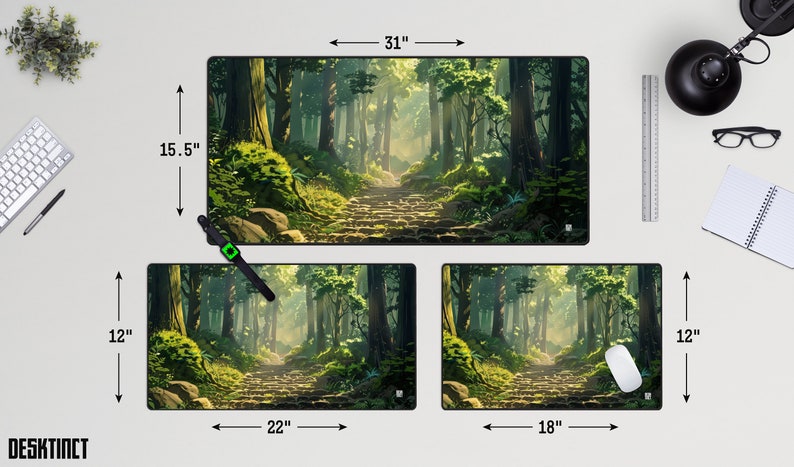 May include: Three different sizes of mousepads featuring a digital illustration of a path through a green forest. The largest mousepad is 31 inches wide and 15.5 inches tall. The medium mousepad is 22 inches wide and 12 inches tall. The smallest mousepad is 18 inches wide and 12 inches tall.