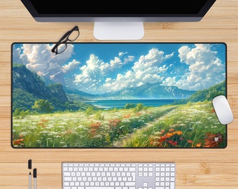Anime Landscape Desk Mat, Kawaii Mouse Pad, Studio Ghibli Inspired Deskmat, Playmat, Cottagecore, Lofi Mousepad, Green, Cute, Japanese