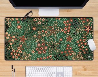 Japanese Floral Desk Mat, Anime Mouse Pad, Kawaii Deskmat, MTG Playmat, Cottagecore Desk Mat, Lofi, XL Mousepad, Green, Cute, Japanese Art